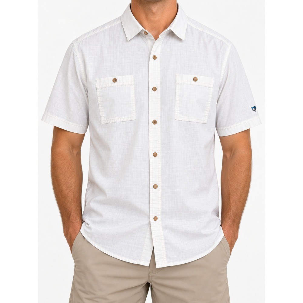Kuhl Mens XL Short Sleeve Button Down Shirt Cream Hiking Outdoor Utility Top